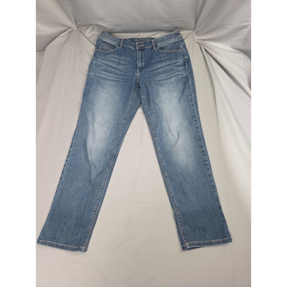 Chico's Platinum Denim Capri Jeans Size Measure: 33x24 Embelished Cuffed Cropped